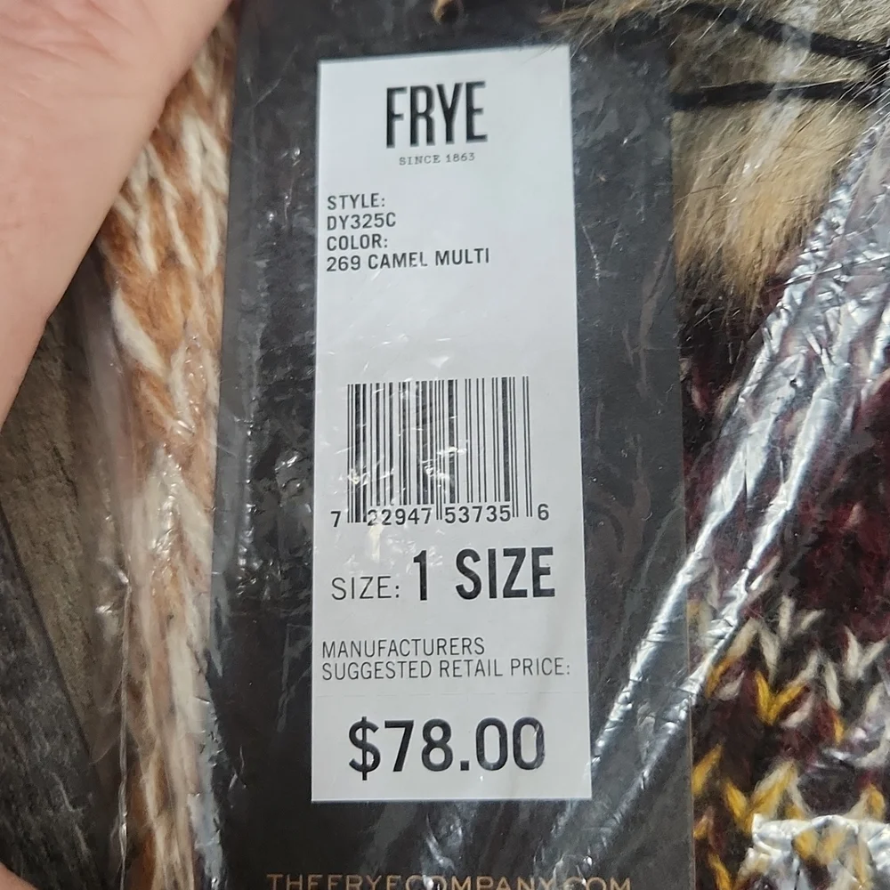 Frye Camel Multi Marl Knit Faux Fur Pom Pom Scarf - Picture 4 of 4